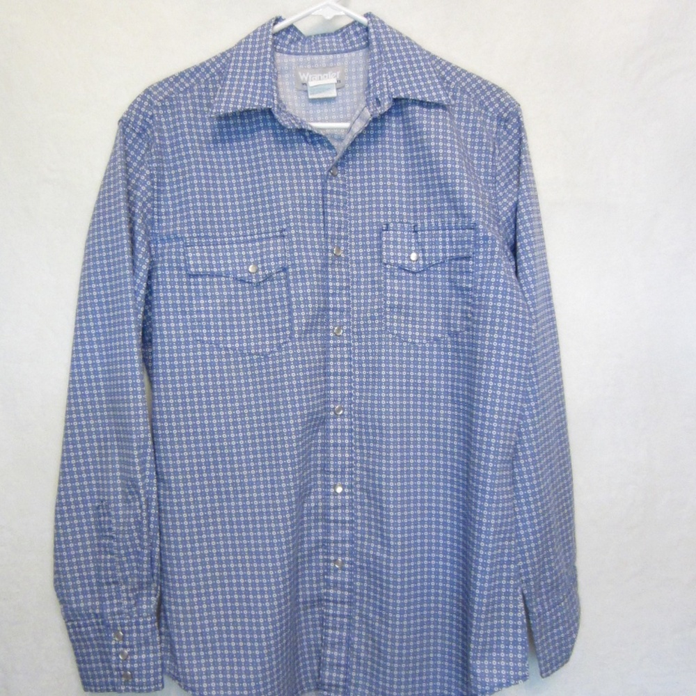 Wrangler Wrancher Men's Medium Blue/White Geometric Long Sleeve Pearl Snap Shirt